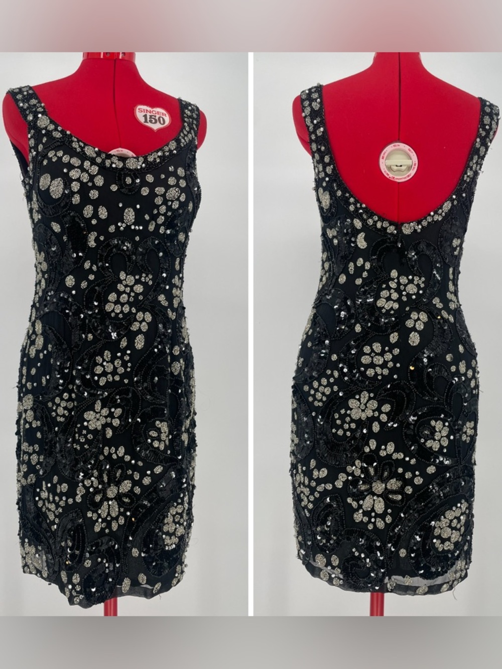 80s/90s Oleg Cassini Black Tie Heavily Beaded Black & Silver Cocktail Mini Dress
